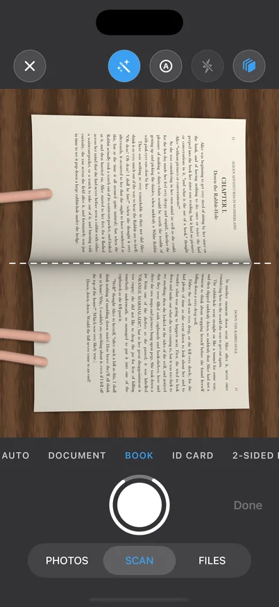 Camera in BOOK mode with the open book lined up on the dashed spine guide