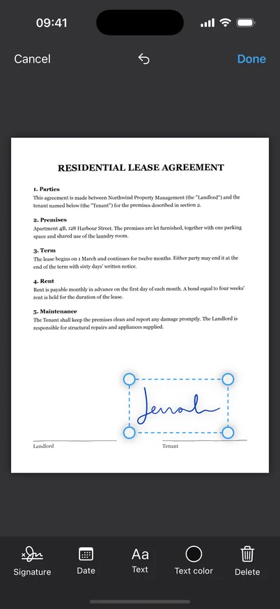 Signing the lease in the app